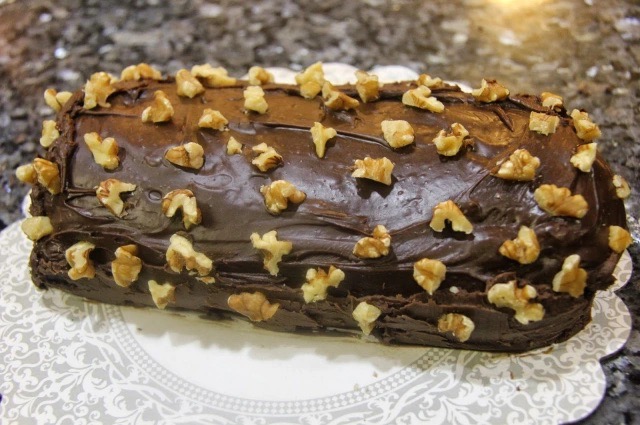 chocolate rolled cake with walnuts